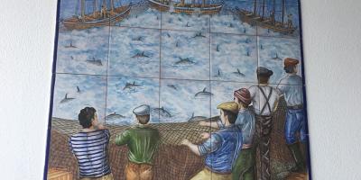 tile mural of fishing in spain